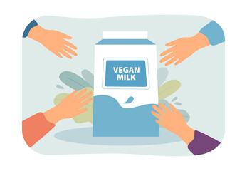 Hands reaching for carton of vegan milk flat vector illustration. Coconut, banana, soybean, hazelnut, oat, almond, rice, plant-based milk. Health concept for banner, website design or landing web page
