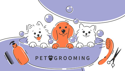 Pet grooming. Cartoon dogs and cat taking a bath full of soapy suds. Animal hair grooming, haircuts, bathing, hygiene. Vector illustration