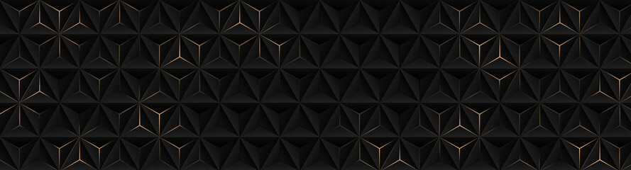 Fototapeta premium Abstract luxury black grey gradient backgrounds with triangles golden metallic stripes. Dark 3d geometric texture illustration. Bright grid pattern. Pure horizontal banner wallpaper. Carbon elegance