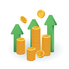 Arrows for faster growth in profits and currency costs 3D icon. Online financial chart and coins 3D vector illustration on white background. Forex, stock market, exchange and selling money concept