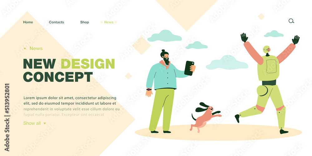 Poster robot running away from man and dog in fear. puppy chasing crazy android flat vector illustration. a