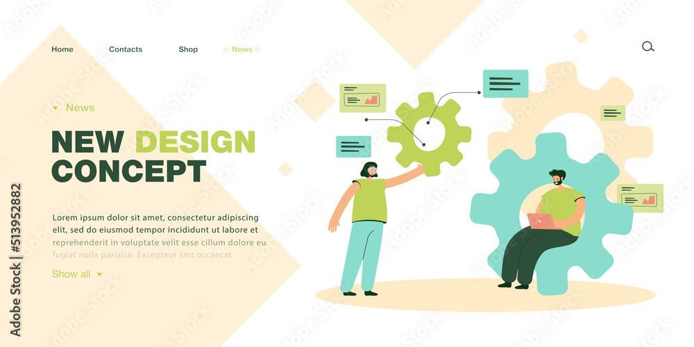 Poster Tiny team of developers studying business workflow. Persons working together on progress with gears flat vector illustration. Organization concept for banner, website design or landing web page