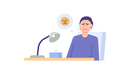 upset, heartbroken, overthinking, sad, sorry. sad boy. a man crying at the table. people's expressions and emotions. flat cartoon illustration. concept design