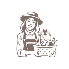 Friendly woman farmer basket full fresh organic food baking fruit and vegetables vintage icon vector