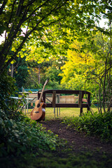 Bench with guitar in a garden. High quality photo