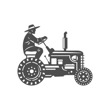 recommend clip art: Male agricultural worker riding rustic tractor harvest cultivation monochrome vintage icon vector