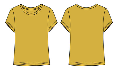 Short sleeve T-shirt Technical fashion flat  sketch vector illustration yellow color  template for Women's and Girls. Vector art illustration Clothing mock up front, back view. Easy Edit customizable