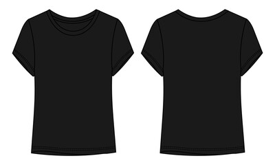 Short sleeve T-shirt Technical fashion flat  sketch vector illustration black color  template for Women's and Girls. Vector art illustration Clothing mock up front, back view. Easy Edit customizable