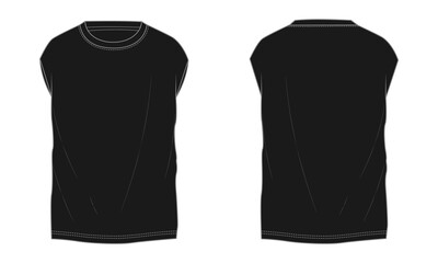 Oversize sleeveless gym t shirt tops technical fashion flat sketch vector illustration black color template for mens. Apparel design mock up cad  - obrazy, fototapety, plakaty