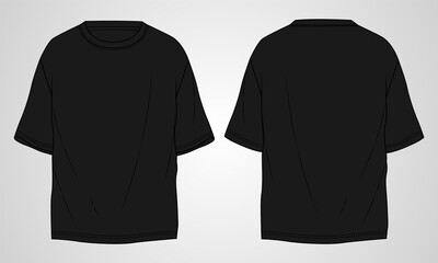 T-shirt technical Sketch fashion Flat Template With Round neckline, elbow sleeves, oversized, tunic length Cotton jersey. Vector illustration basic apparel design black color mock up template. - obrazy, fototapety, plakaty