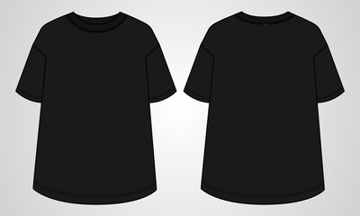 Naklejka premium Short sleeve T-shirt Technical fashion flat sketch vector illustration black color template for Women's and Girls. Vector art illustration Clothing mock up front, back view. Easy Edit customizable