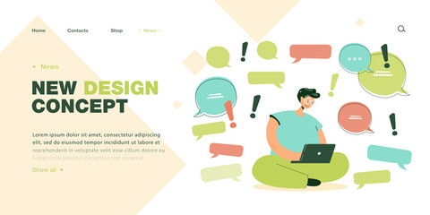 Person with chat speech bubbles and exclamation marks. Woman sitting with laptop flat vector illustration. Online communication, social media concept for banner, website design or landing web page