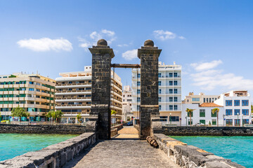 Historic bridge of the balls leading to San Gabriel Castle, Arrecife, capital city of Lanzarote,...