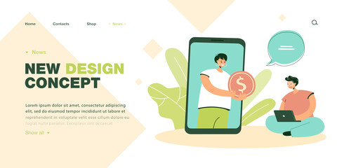 Offer of money from woman on mobile phone screen to customer. Tiny girl sitting with laptop flat vector illustration. Cashback, investment concept for banner, website design or landing web page