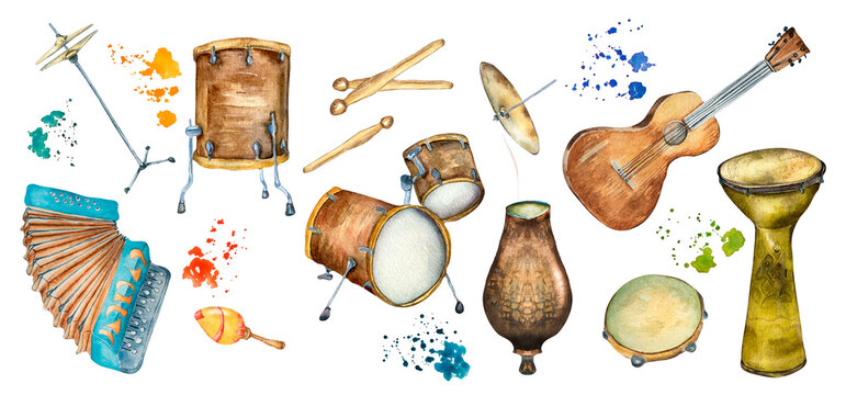 Set of Latin folk musical instruments watercolor illustration isolated