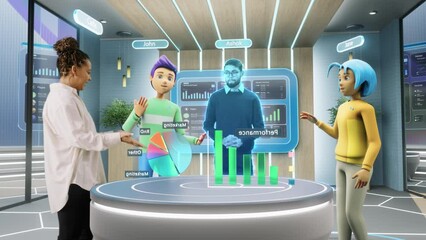 Corporate Business Meeting in Virtual Reality Office. Real Female Manager Standing Next to Two Animated Avatars of Colleagues, and a Hologram of Another Specialist. Futuristic Metaverse Concept. - Powered by Adobe