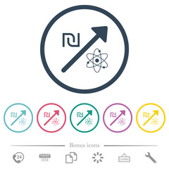 Rising atomic energy israeli New Shekel prices flat color icons in round outlines