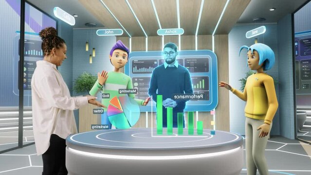 Corporate Business Meeting in Virtual Reality Office. Real Female Manager Standing Next to Two Animated Avatars of Colleagues, and a Hologram of Another Specialist. Futuristic Metaverse Concept.