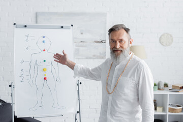 senior ayurveda coach pointing at flip chart with human chakras scheme and looking at camera.