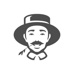 Agricultural man head with straw in mouth monochrome vintage icon vector illustration