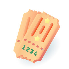 Obraz premium Two cinema, concert or theater tickets, event coupons 3D icon. Digital or paper admission to show or party with golden stars 3D vector illustration on white background. Performance, pass concept