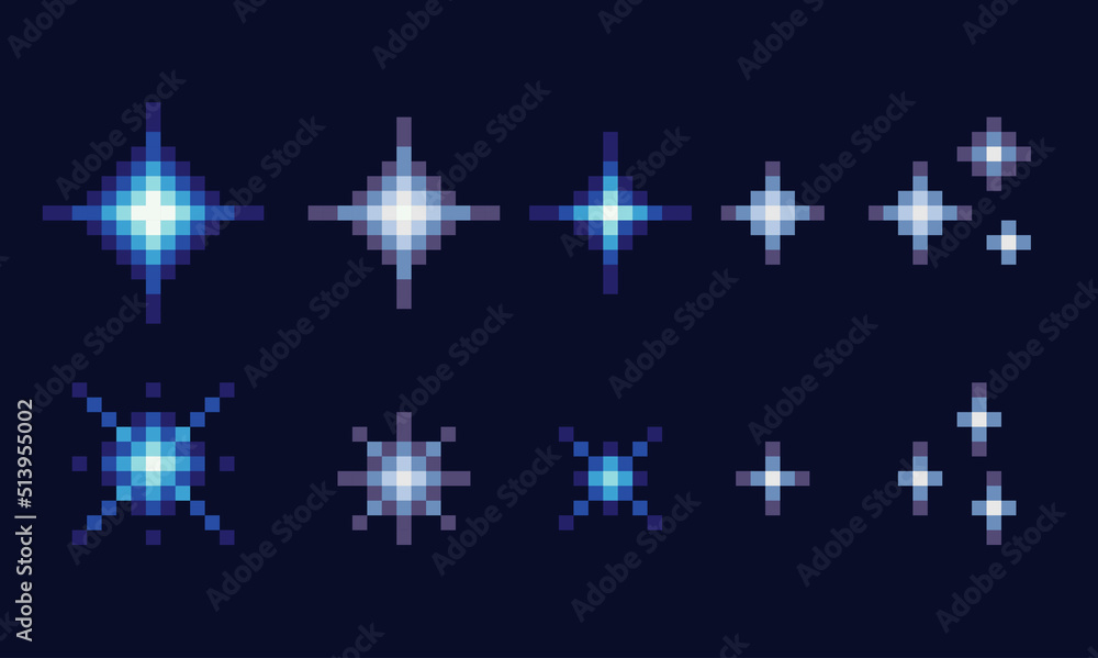 Wall mural stars, glitter,sparkles. starry sky pixel art set. space shining object collection. 8 bit sprite. ga