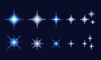 Stars, glitter,sparkles. Starry sky pixel art set. Space shining object collection. 8 bit sprite. Game development, mobile app.  Isolated vector illustration. © SickleMoon