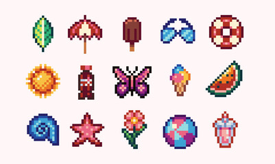 Summertime icons pixel art set. Different vacation, voyage items collection. 8 bit sprite. Game development, mobile app. Isolated vector illustration.