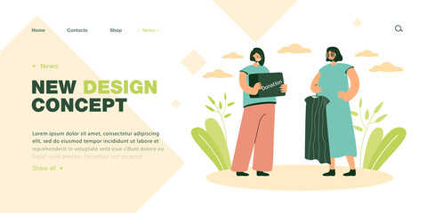 Woman giving dress to female volunteer holding donation box. Person donating clothes flat vector illustration. Volunteering, charity concept for banner, website design or landing web page