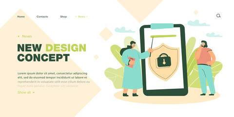 Teacher showing tablet with lock using pointer to thoughtful student. Cyber security and information protection flat vector illustration. Education concept for banner, website design, landing web page