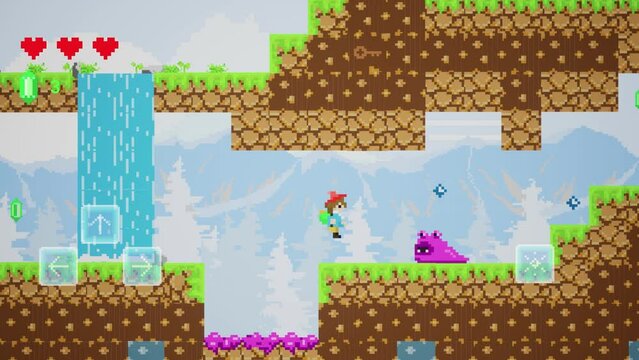 Looped Video Game Mock Up Concept for Playback: Gameplay of Retro 2D Console Arcade with Player Moving Around Pixelated Digital World, Fighting Monsters and Collecting Items. Day Time Theme.