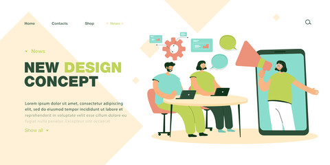 Manager making announcement to team of office workers via phone. Business people sitting at table with laptops flat vector illustration. Teamwork, management concept for banner or landing web page