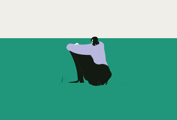 Woman resting in nature alone. Thoughtful person sitting on grass ,looking on sky and thinking about life in loneliness and calmness. Colored flat vector illustration of girl relaxing in solitude.