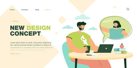 Man chatting with friend online and having hot drink. People communicating using electronic devices flat vector illustration. Internet, network concept for banner, website design or landing web page