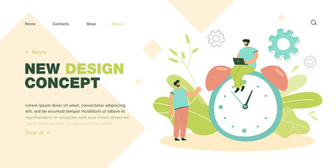 Productive work of tiny business people near alarm clock. Man in time for deadline flat vector illustration. Effective management, discipline concept for banner, website design or landing web page