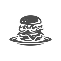 Fresh burger with meat vegetables and bun on plate cafe menu vintage icon vector illustration