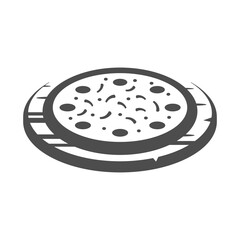 Pizza with cheese vegetables and meat on circle wooden plate restaurant menu vintage icon vector