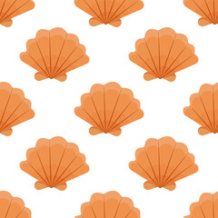 Orange seashell endless background. Seamless pattern on white background. Vector ocean illustration.