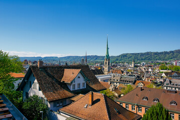 Fototapeta na wymiar Fraumunster Church and Zurich City Landscape, Switzerland