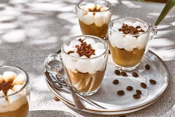 Traditional Italian dessert Tiramisu in glass cups on gray table. National cuisine recipe. Summer refresh coffee cream sweet mousse dish.