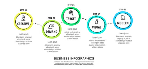 Business vector infographics with five circles. Hand drawn timeline visualization with 5 steps for diagram, flowchart, banner, presentations, web, content, levels, chart, graphic