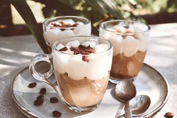 Traditional Italian dessert Tiramisu in glass cups on gray table. National cuisine recipe. Summer refresh coffee cream sweet mousse dish.