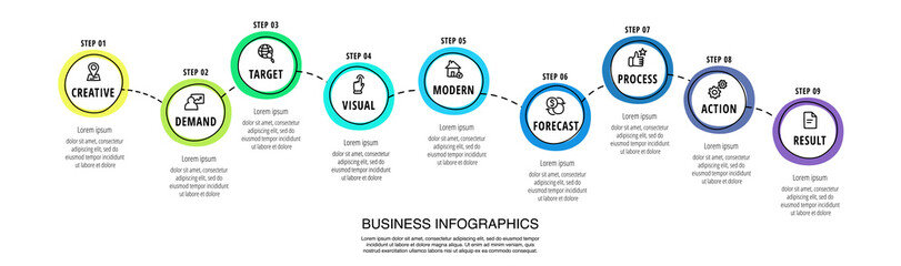 Business vector infographics with nine circles. Hand drawn timeline visualization with 9 steps for diagram, flowchart, banner, presentations, web, content, levels, chart, graphic