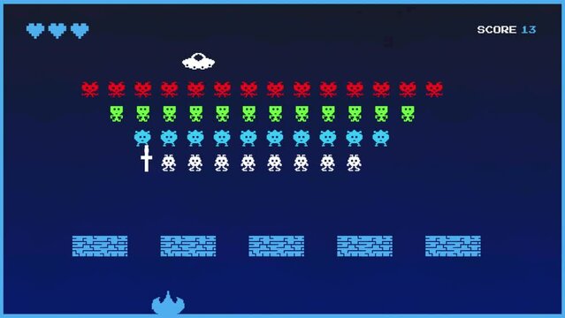 Animated 8 Bit Eighties Inspired Console Arcade Video Game. Loading Screen and Playback for TV or Mobile Device Screen with Spaceship Shooting Down Aliens and UFO Boss, Winning the Round.