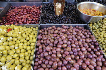 Pickled olives are sold at a bazaar in Israel
