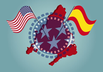Cumbre en Madrid con las banderas de EEUU y España sobre el mapa de Madrid y su bandera - obrazy, fototapety, plakaty