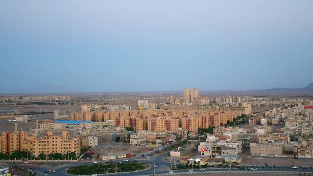 Modern buildings panorama in KAshan city suburbs from Zoraastrians fire tower complex on hilltop