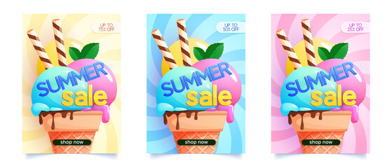 Set of summer sale colorful banners with waffle ice cream cone