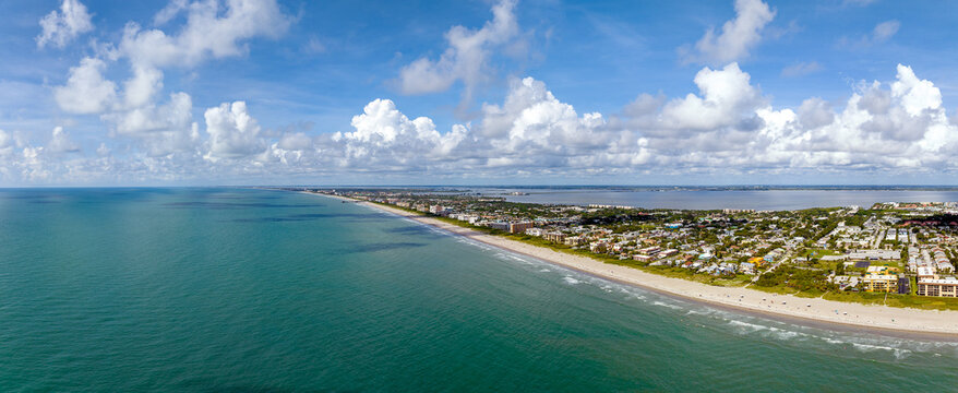 Aerial panoramic view of Cocoa Beach, Florida. June 28, 2022