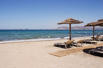 Fototapeta na wymiar Sand beach in Kos Island, Greece, Aegean Sea